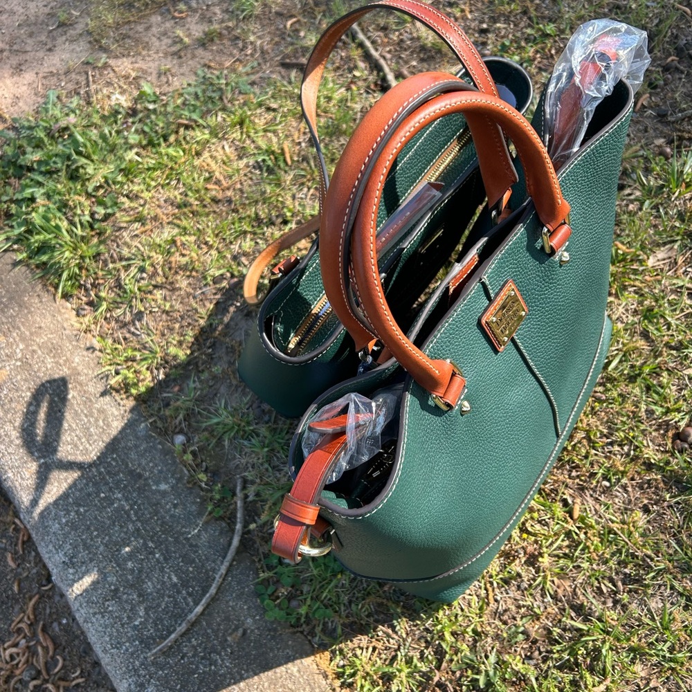 Dooney & Bourke Forest Green Pebbled Tote with Tan Handles

$270 total for both - Picture 7 of 7